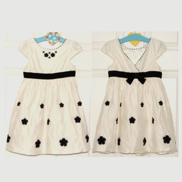 Gymboree Girls Size 4, Silk Dress, Beige with Beaded Black Velvet Flowers, Lined - Picture 1 of 10